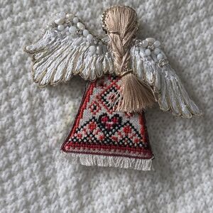 Embroidered Angel Ornament with Red and Gold Accents